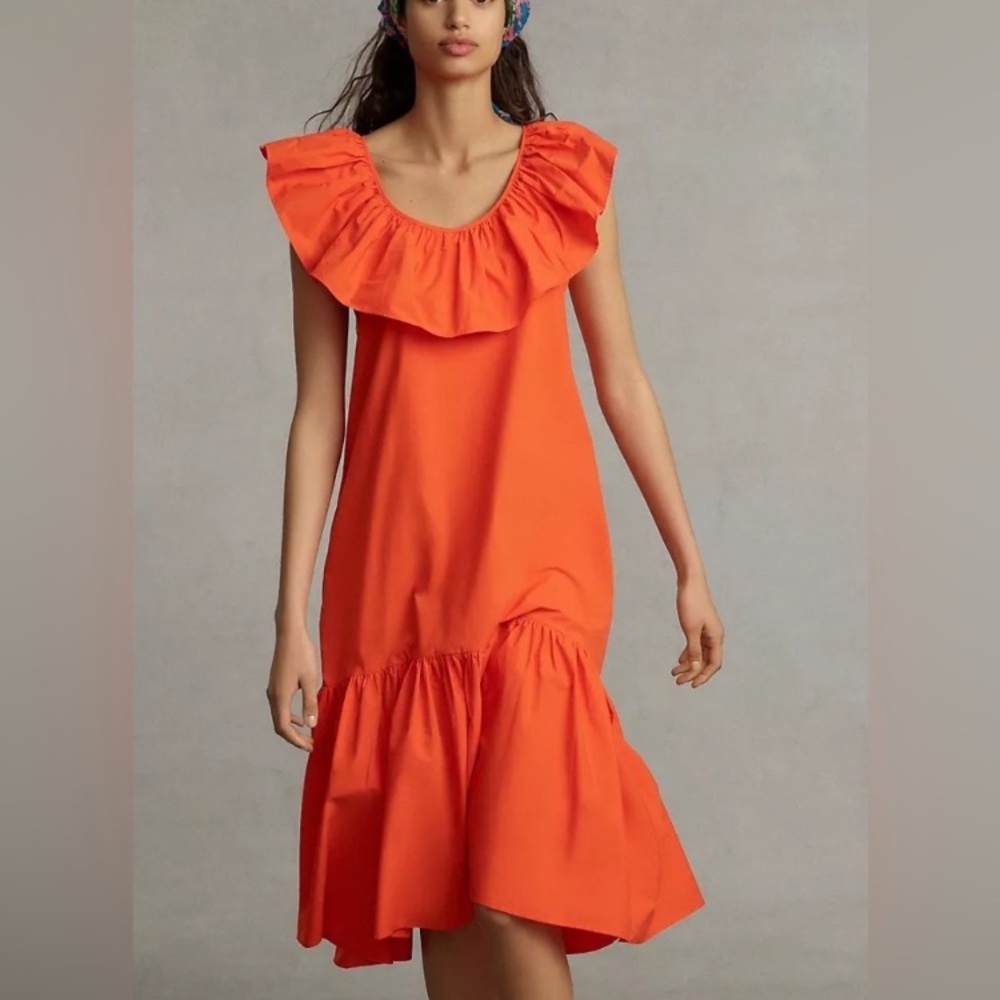 Anthropologie WHIT Two flouncy Ruffled Maxi Dress Orange Cotton Boho